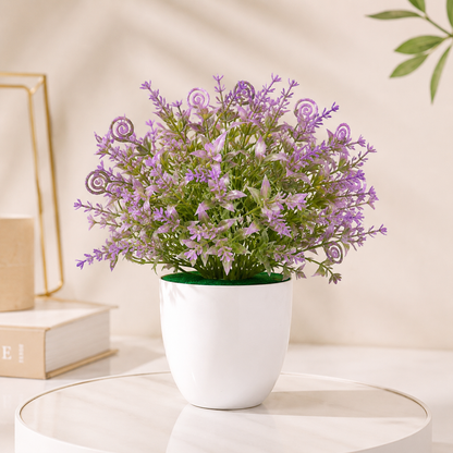 Aura & Hues Artificial Lavender Floral Pot | Decorative Tabletop Plant with White Ceramic Pot