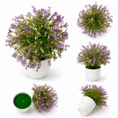 Aura & Hues Artificial Lavender Floral Pot | Decorative Tabletop Plant with White Ceramic Pot