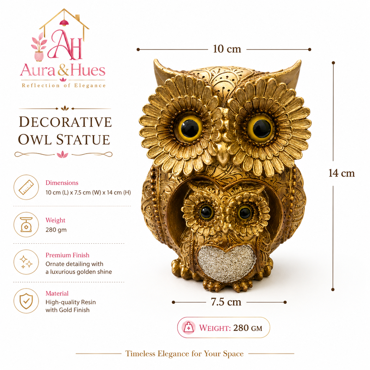 Aura & Hues Golden Mother & Baby Owl Decorative Showpiece | Premium Resin Home Décor Statue