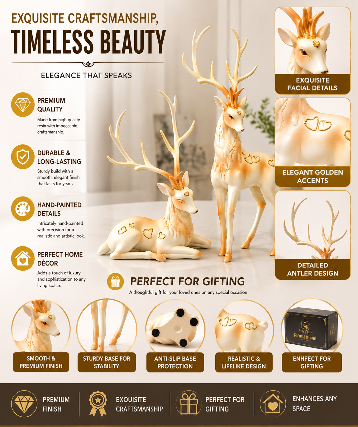 Premium Deer Figurine Set, Elegant Resin Deer Showpiece Pair for Home Décor