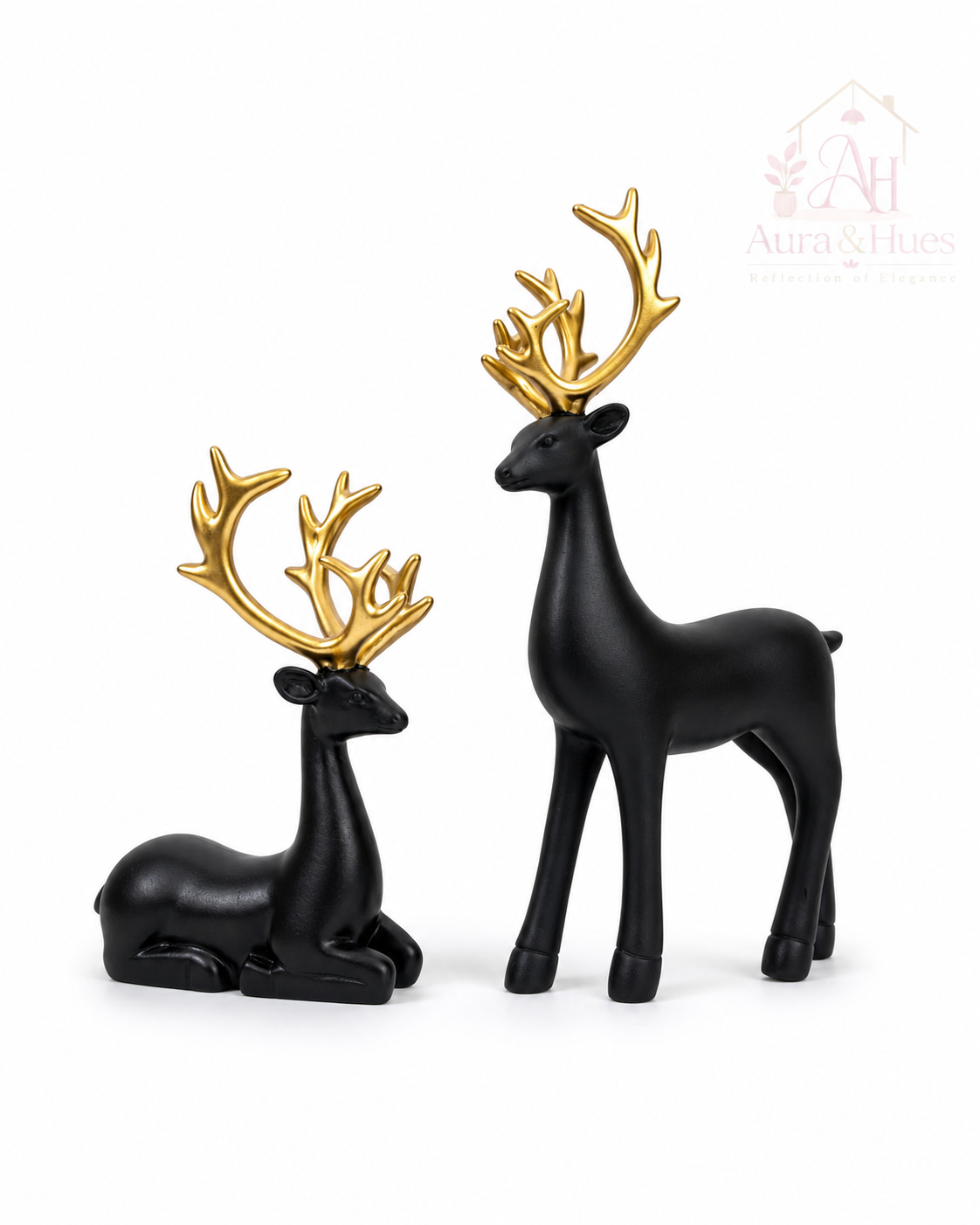 Luxury Black Deer Pair Showpiece Set, Premium Resin Deer Figurines with Golden Antlers