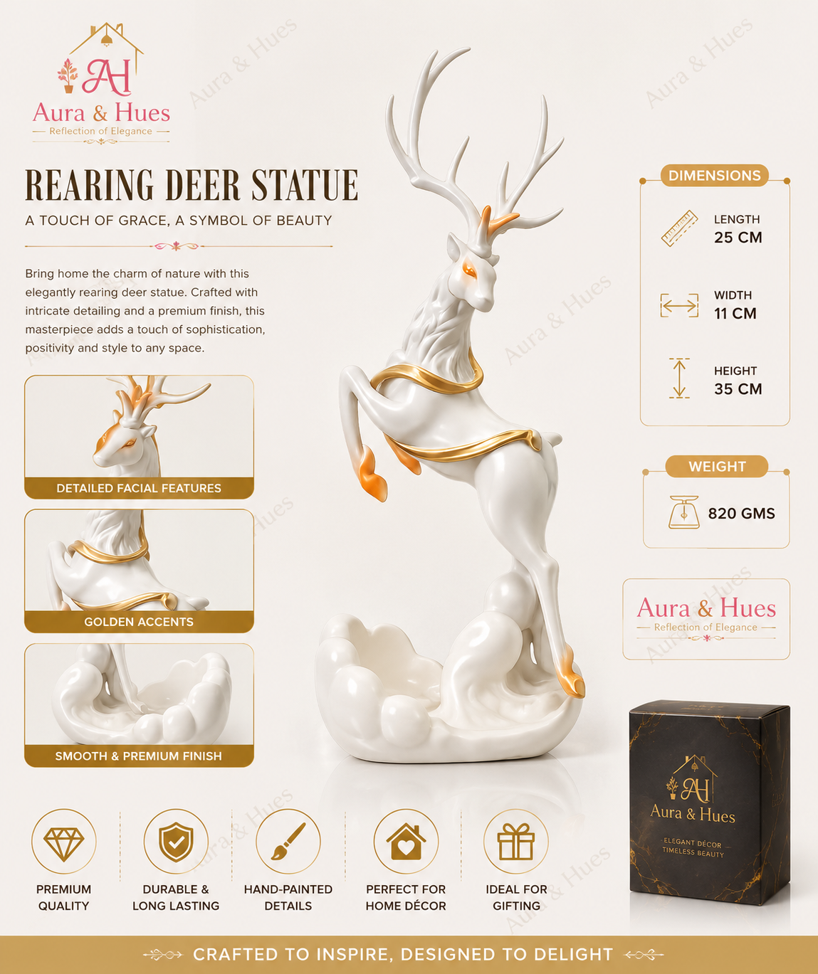 Luxury Decorative Rearing Deer Statue, Premium White & Gold Resin Deer Figurine