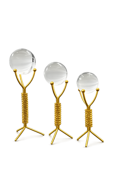 Aura Crystal Orb Decorative Sculpture Set (Set of 3) - Gold Finish Modern Table Decor