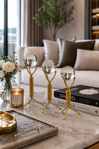 Aura Crystal Orb Decorative Sculpture Set (Set of 3) - Gold Finish Modern Table Decor