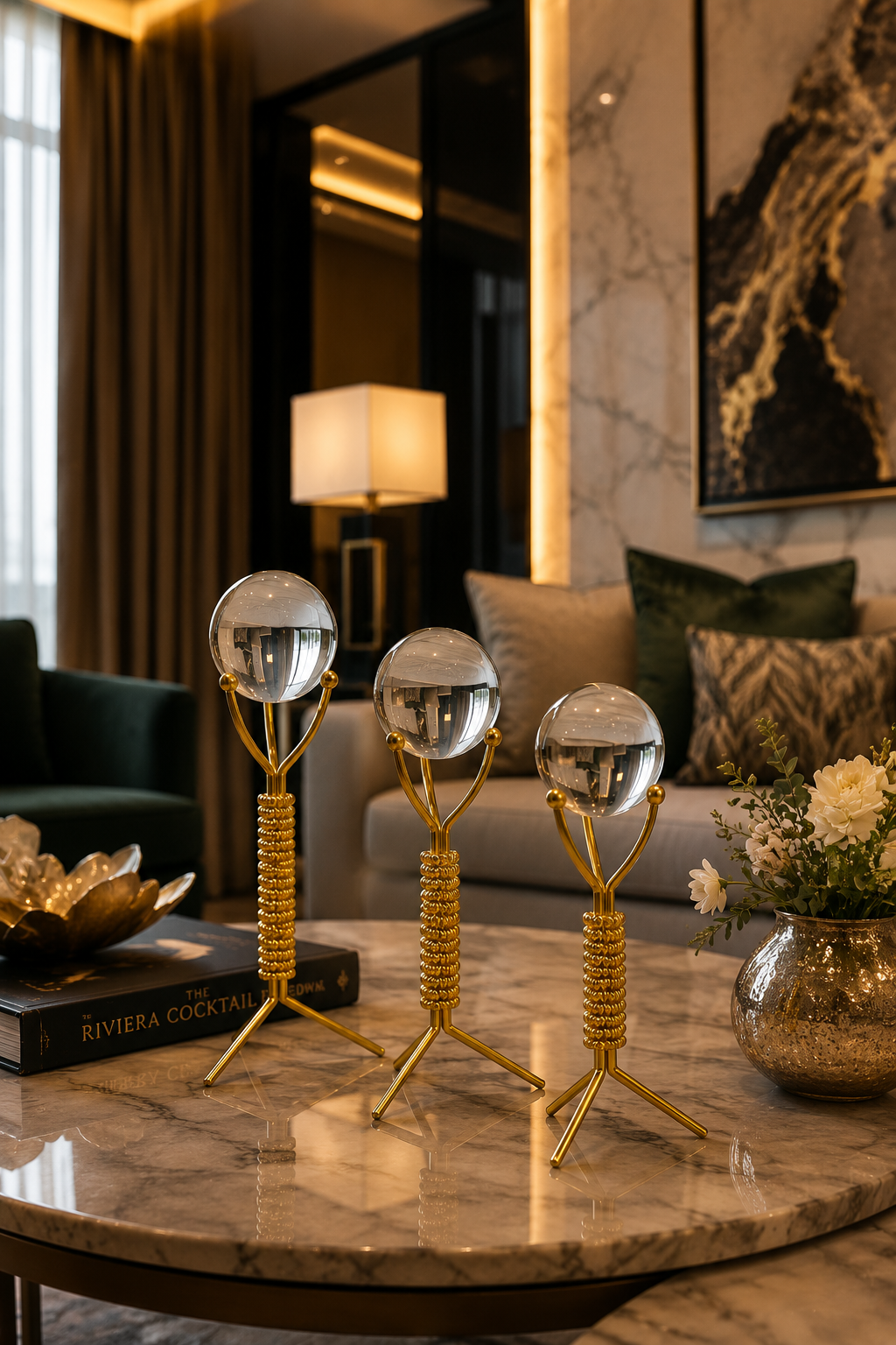 Aura Crystal Orb Decorative Sculpture Set (Set of 3) - Gold Finish Modern Table Decor