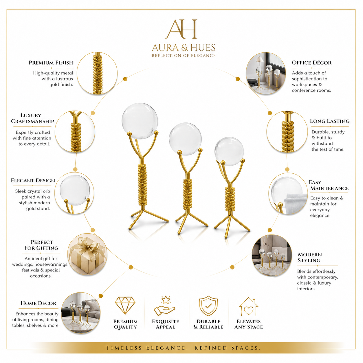 Aura Crystal Orb Decorative Sculpture Set (Set of 3) - Gold Finish Modern Table Decor
