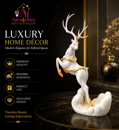 Luxury Decorative Rearing Deer Statue, Premium White & Gold Resin Deer Figurine