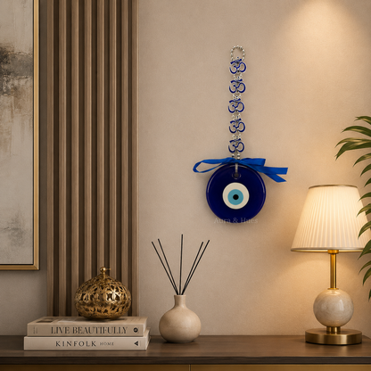 Om Evil Eye Wall Hanging | Handmade Glass Nazar Hanging with Om Charms | Vastu Home Decor