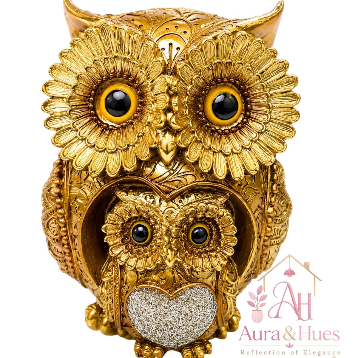 Aura & Hues Golden Mother & Baby Owl Decorative Showpiece | Premium Resin Home Décor Statue