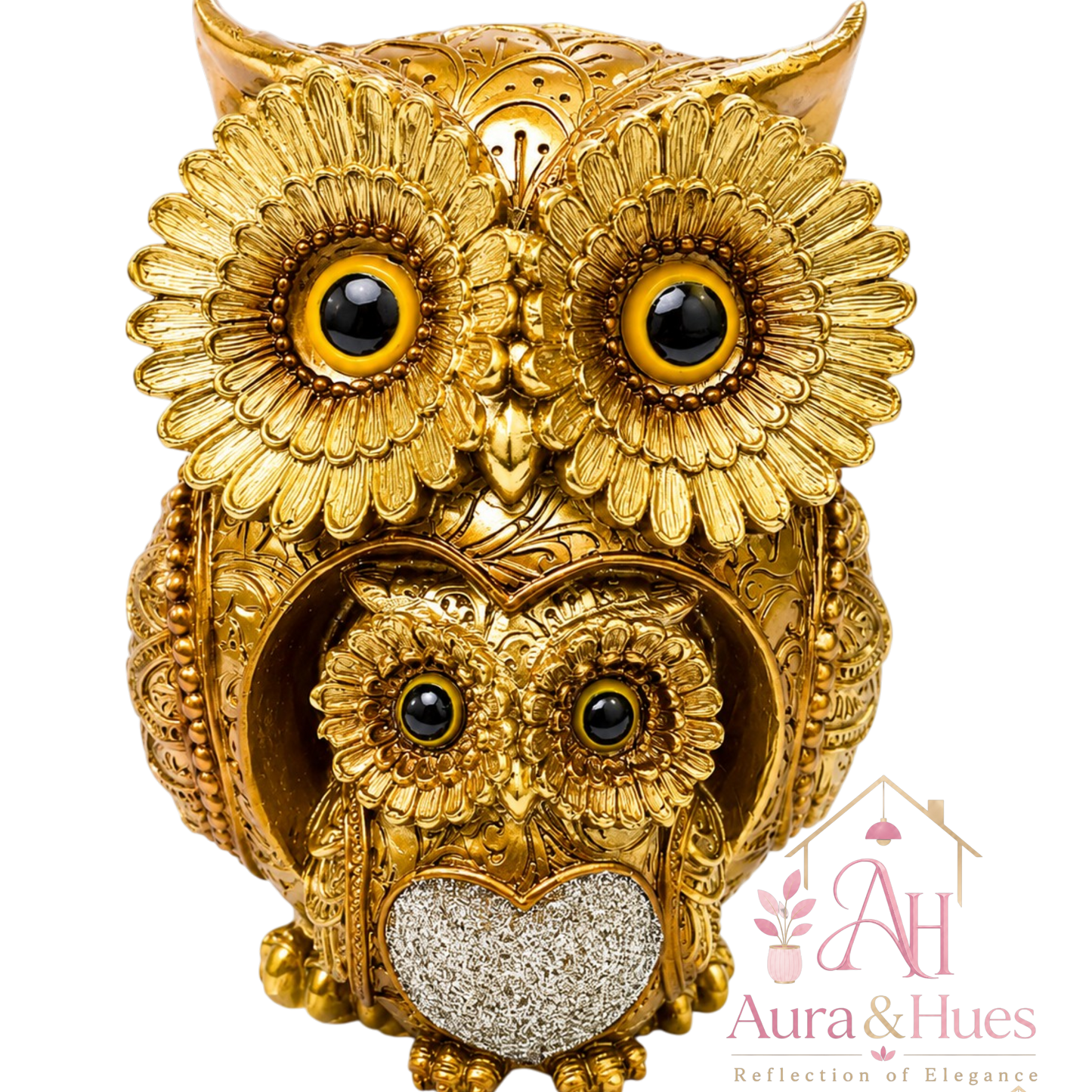 Aura & Hues Golden Mother & Baby Owl Decorative Showpiece | Premium Resin Home Décor Statue
