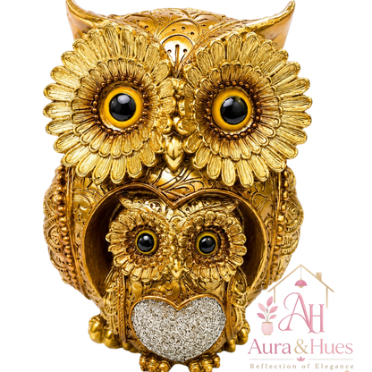 Aura & Hues Golden Mother & Baby Owl Decorative Showpiece | Premium Resin Home Décor Statue