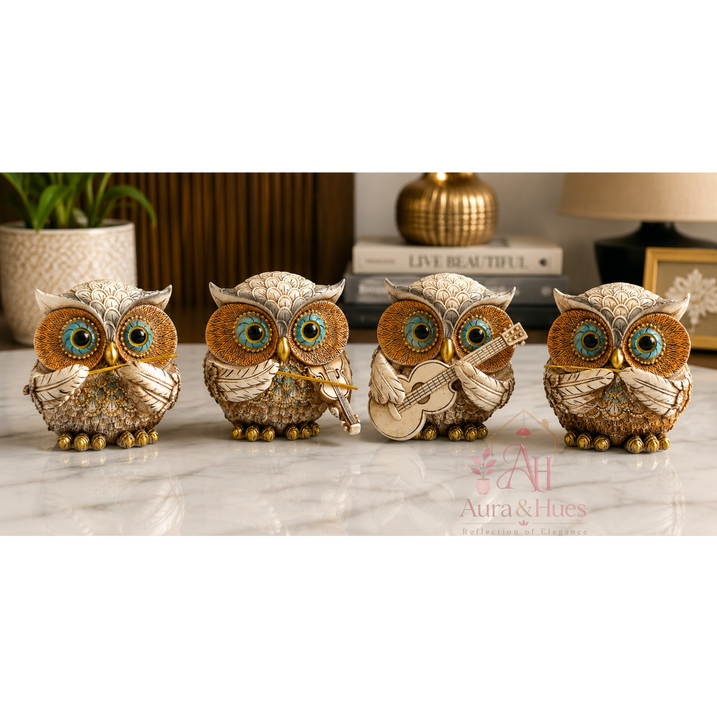 Premium Resin Musical Owl Family Figurines Set of 4 for Home Decor