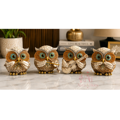 Premium Resin Musical Owl Family Figurines Set of 4 for Home Decor