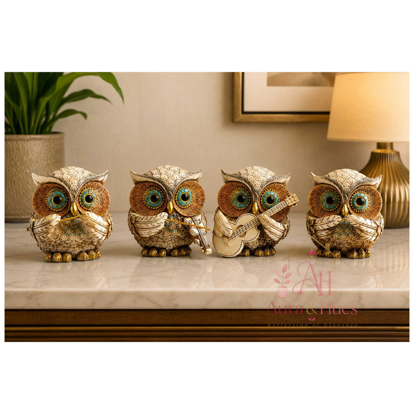 Premium Resin Musical Owl Family Figurines Set of 4 for Home Decor