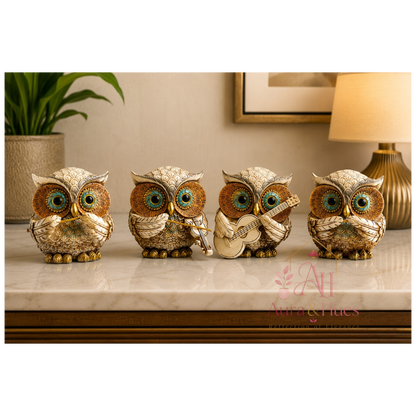 Premium Resin Musical Owl Family Figurines Set of 4 for Home Decor
