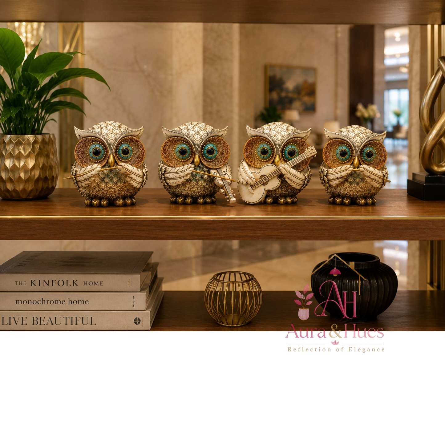 Premium Resin Musical Owl Family Figurines Set of 4 for Home Decor