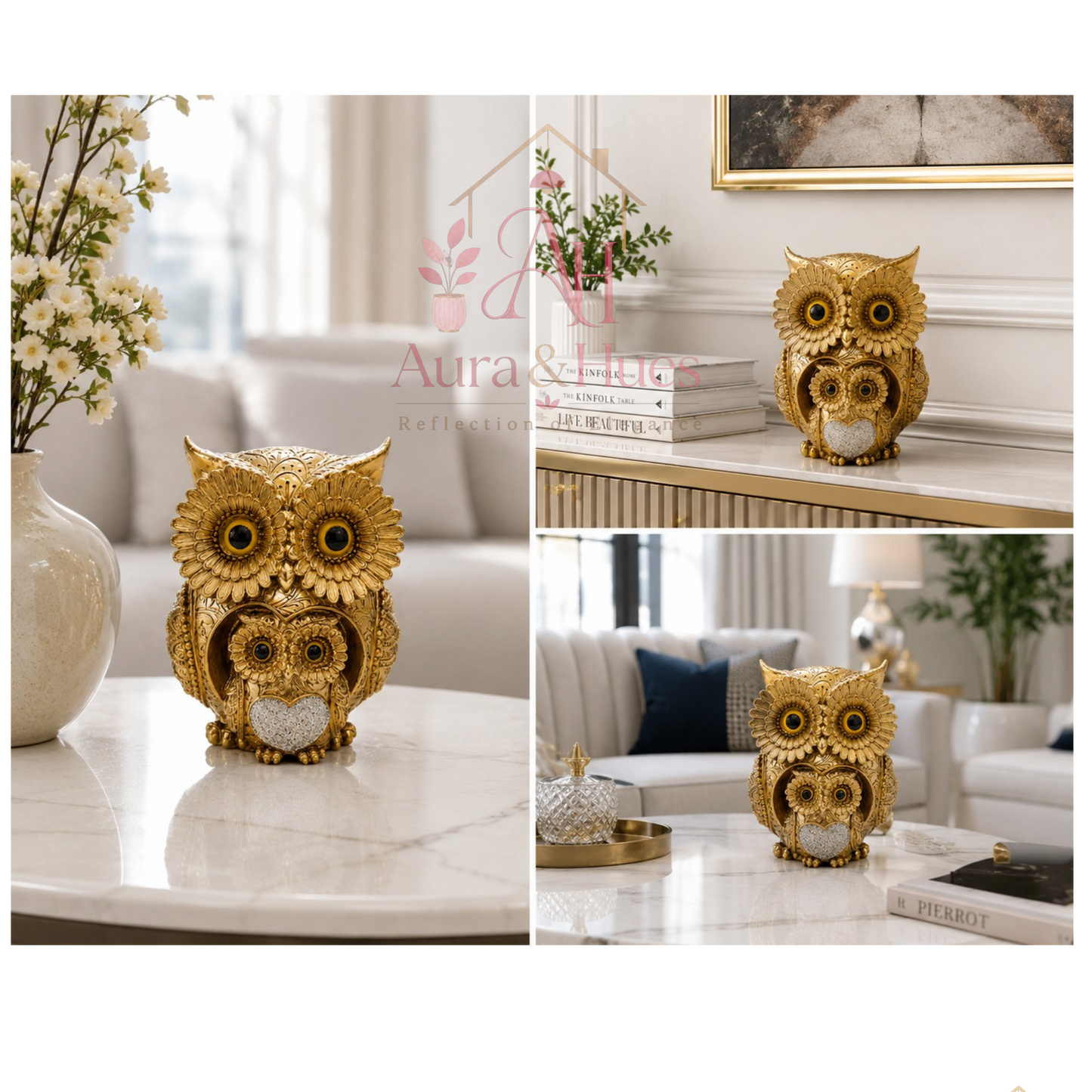 Aura & Hues Golden Mother & Baby Owl Decorative Showpiece | Premium Resin Home Décor Statue