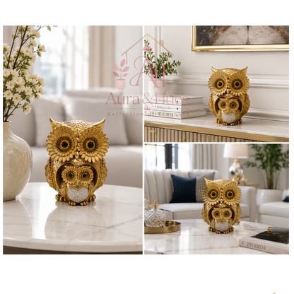 Aura & Hues Golden Mother & Baby Owl Decorative Showpiece | Premium Resin Home Décor Statue