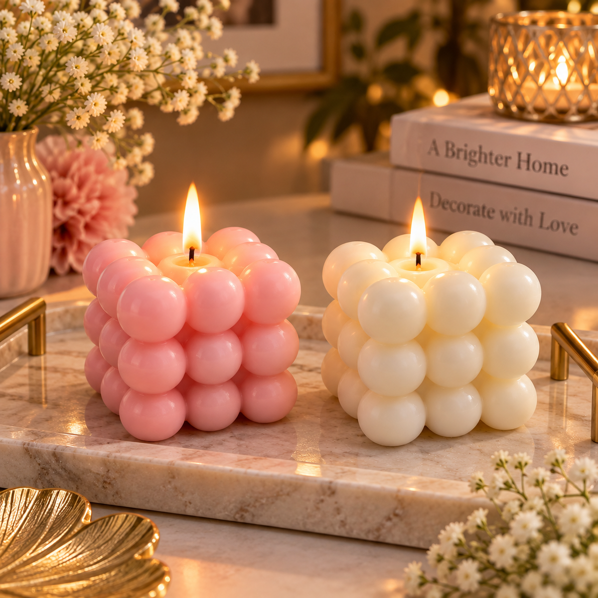 Bubble Cube Candle Set of 2, Pink & Ivory White Decorative Sculptural Candles for Home Décor, Table Centrepiece, Birthday, Housewarming & Festive Gifting