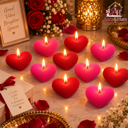 Aura & Hues Heart-Shaped Scented Candles, Pack of 6, Pink & Red, Rose & Sandalwood Fragrance, Hand-Poured Wax with Cotton Wicks for Romantic Décor & Gifting, 4 × 4 × 1.5 cm Each
