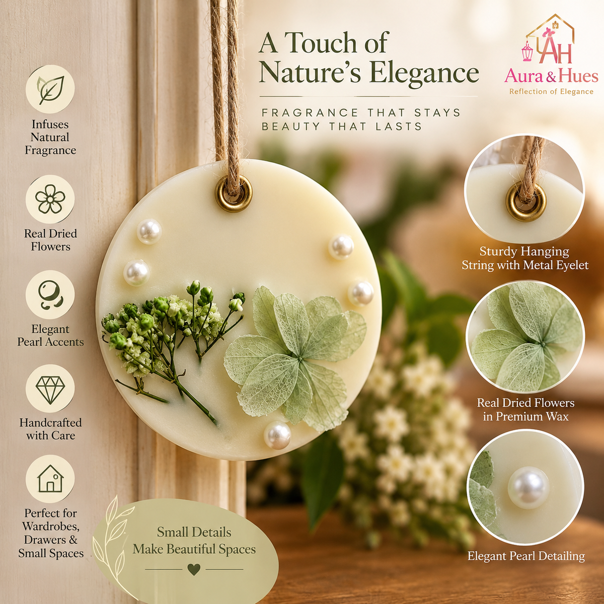 Aura & Hues (set of 2) Botanical Wax Sachets with Dried Floral Decorations,(Random shape and designs)