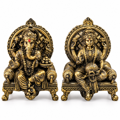 Divine Ganesha & Lakshmi Idol Set with Premium Box - Antique Gold