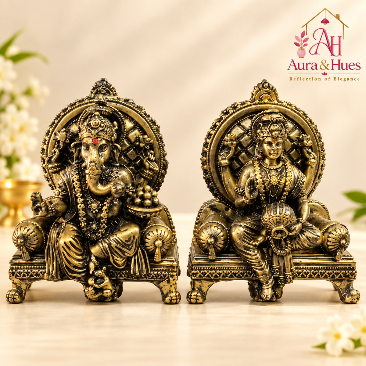 Divine Ganesha & Lakshmi Idol Set with Premium Box - Antique Gold