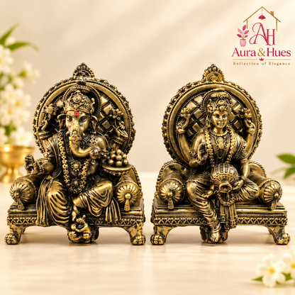 Divine Ganesha & Lakshmi Idol Set with Premium Box - Antique Gold
