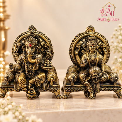 Divine Ganesha & Lakshmi Idol Set with Premium Box - Antique Gold