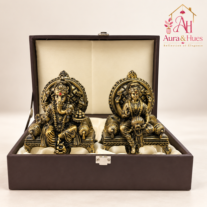 Divine Ganesha & Lakshmi Idol Set with Premium Box - Antique Gold