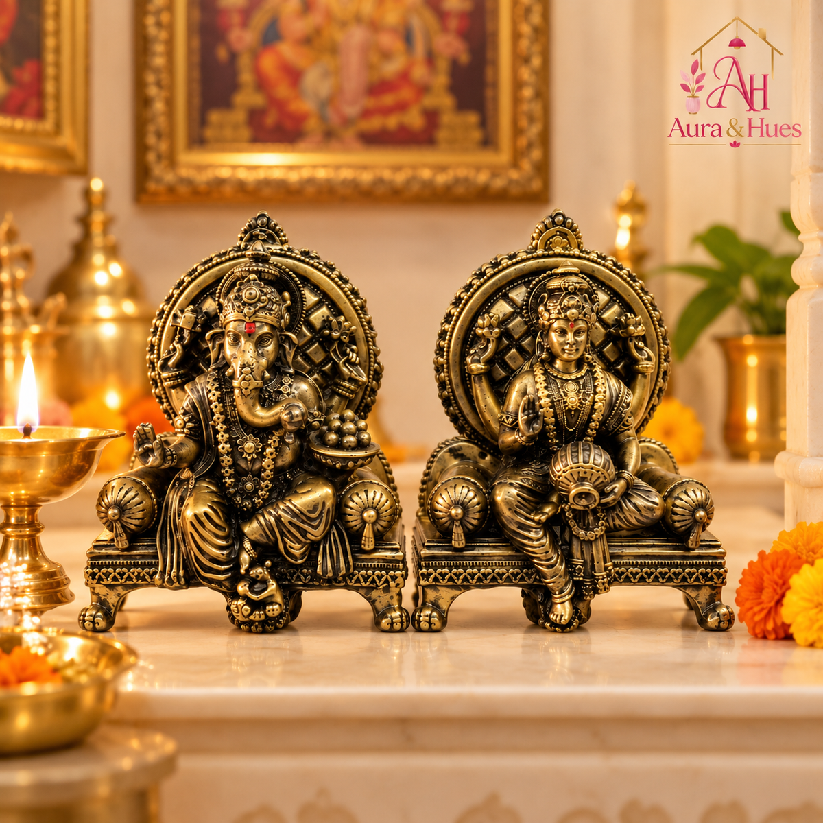 Divine Ganesha & Lakshmi Idol Set with Premium Box - Antique Gold