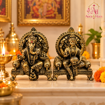 Divine Ganesha & Lakshmi Idol Set with Premium Box - Antique Gold