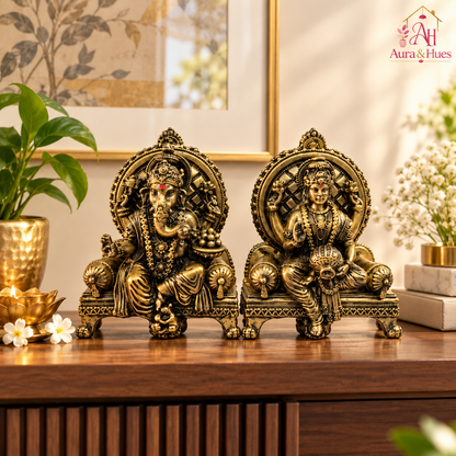Divine Ganesha & Lakshmi Idol Set with Premium Box - Antique Gold