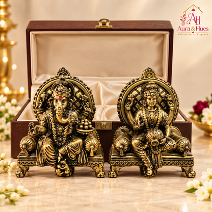 Divine Ganesha & Lakshmi Idol Set with Premium Box - Antique Gold