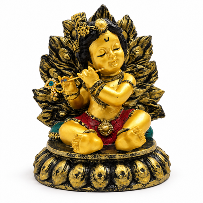 Adorable Bal Krishna with Makhan Handi Idol - Antique Gold, Red & Green