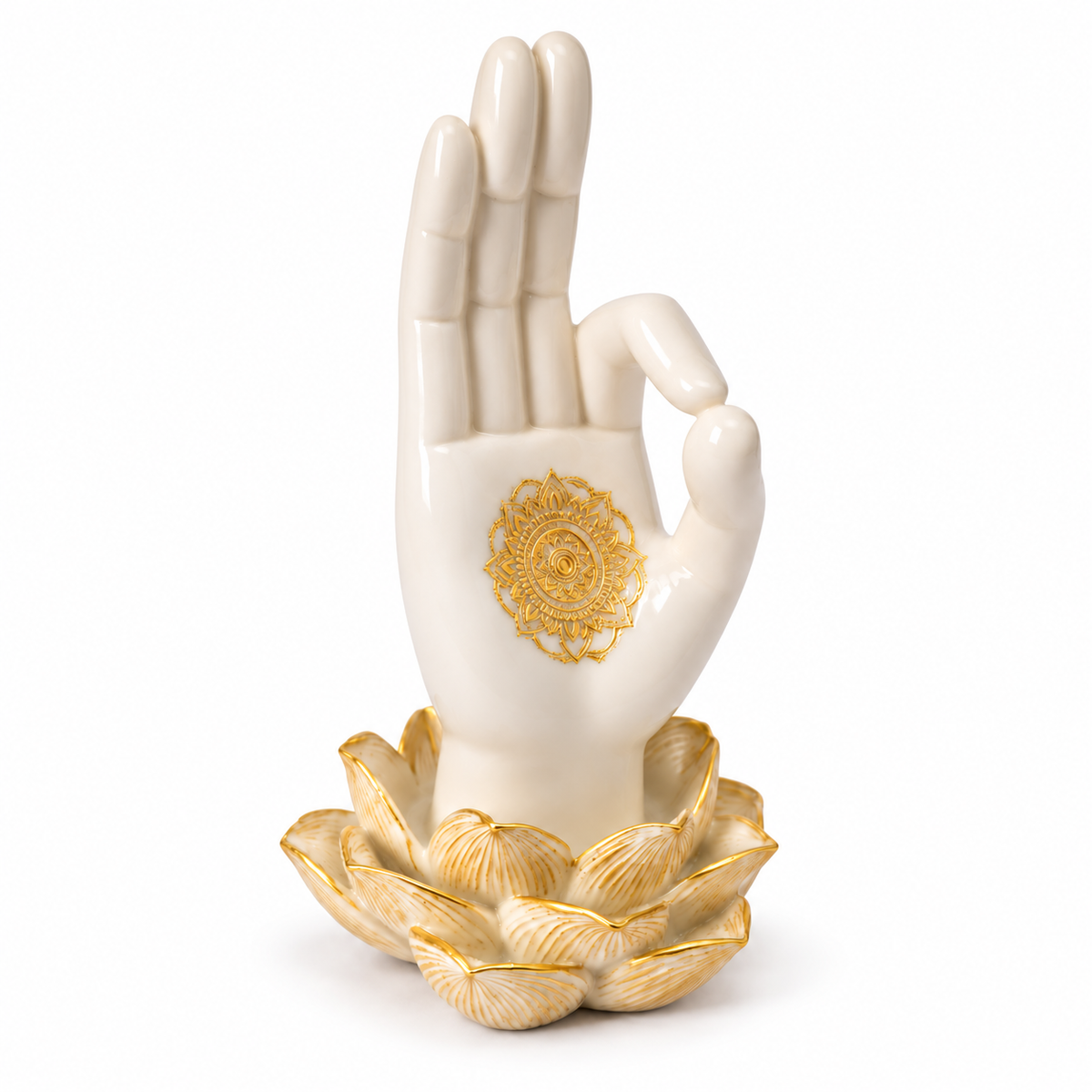 Sacred Lotus Palm Mudra Accent - Pearlescent White & Gold