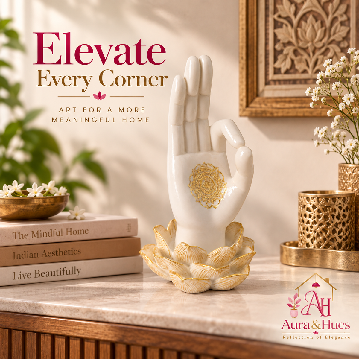 Sacred Lotus Palm Mudra Accent - Pearlescent White & Gold