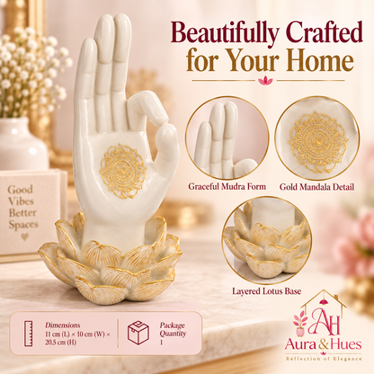 Sacred Lotus Palm Mudra Accent - Pearlescent White & Gold