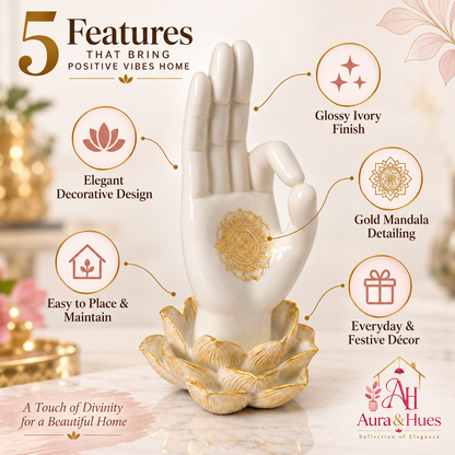 Sacred Lotus Palm Mudra Accent - Pearlescent White & Gold