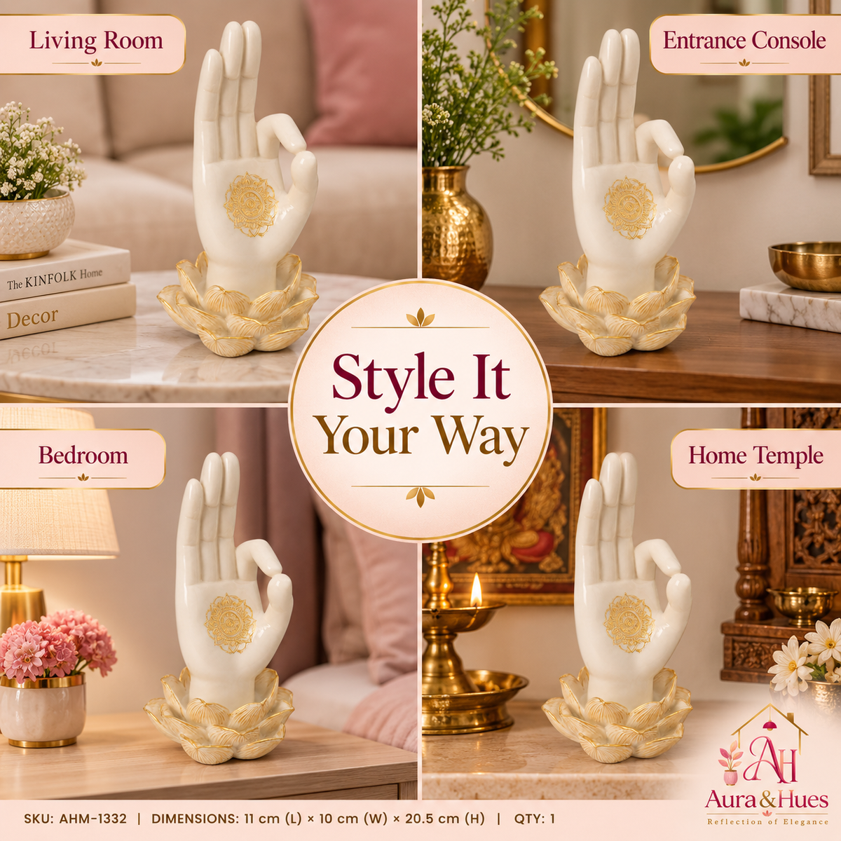 Sacred Lotus Palm Mudra Accent - Pearlescent White & Gold