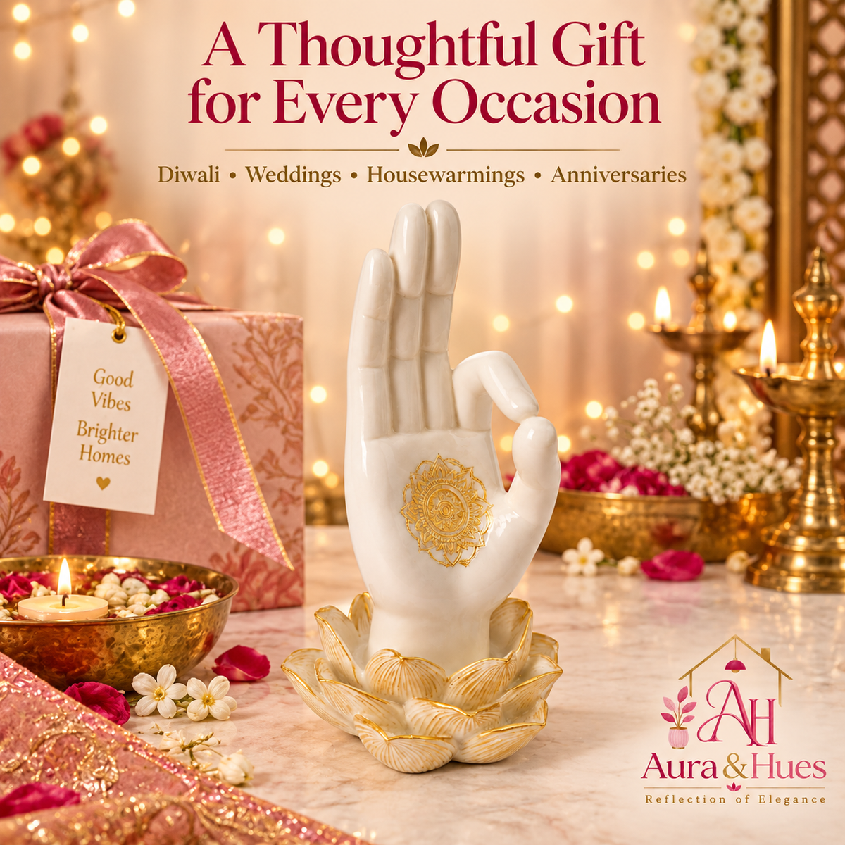 Sacred Lotus Palm Mudra Accent - Pearlescent White & Gold