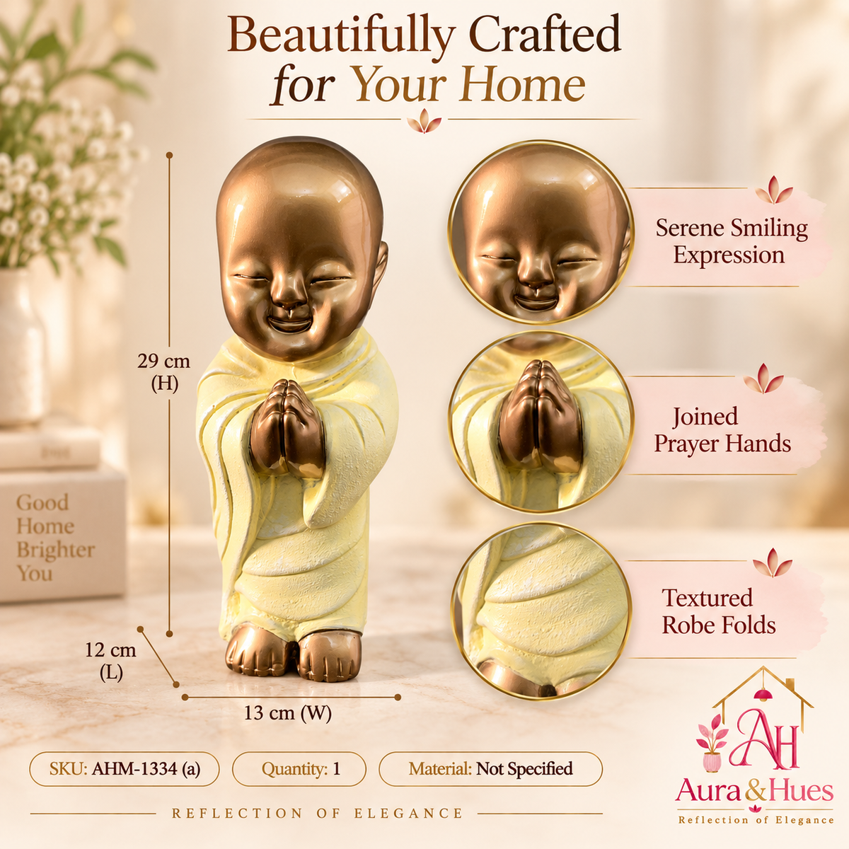 Peaceful Meditating Monk Figurine (Large) - Metallic Gold & Cream