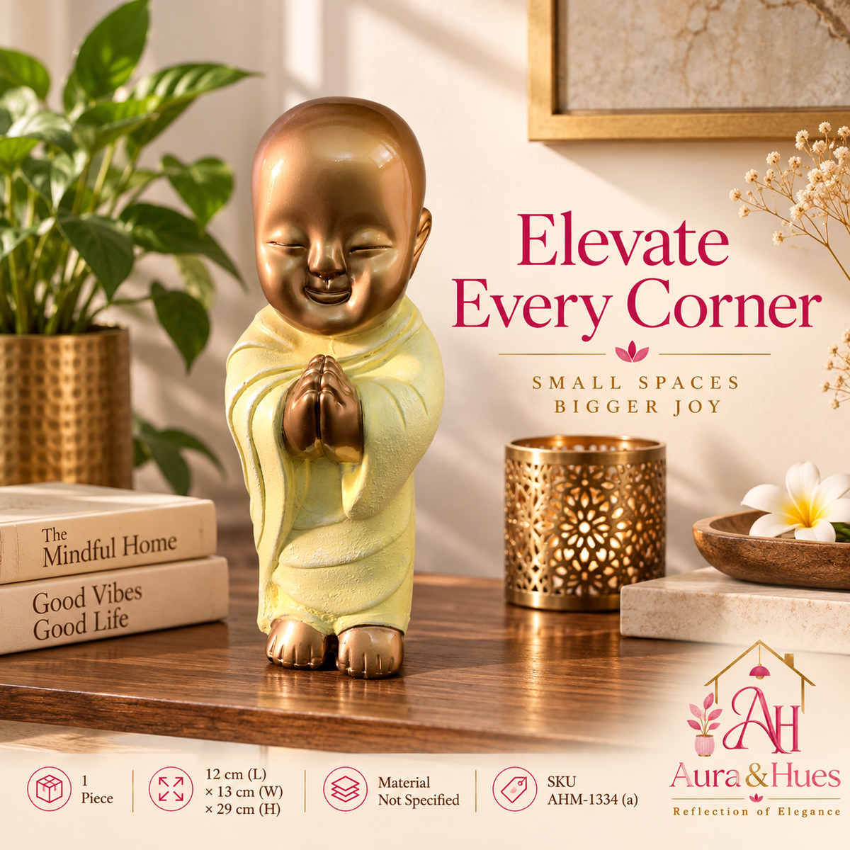 Peaceful Meditating Monk Figurine (Large) - Metallic Gold & Cream