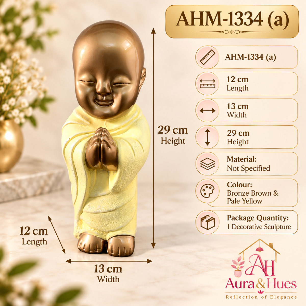 Peaceful Meditating Monk Figurine (Large) - Metallic Gold & Cream