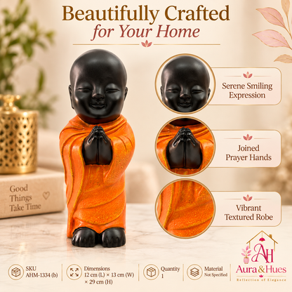Peaceful Meditating Monk Figurine (Large) - Jet Black & Orange