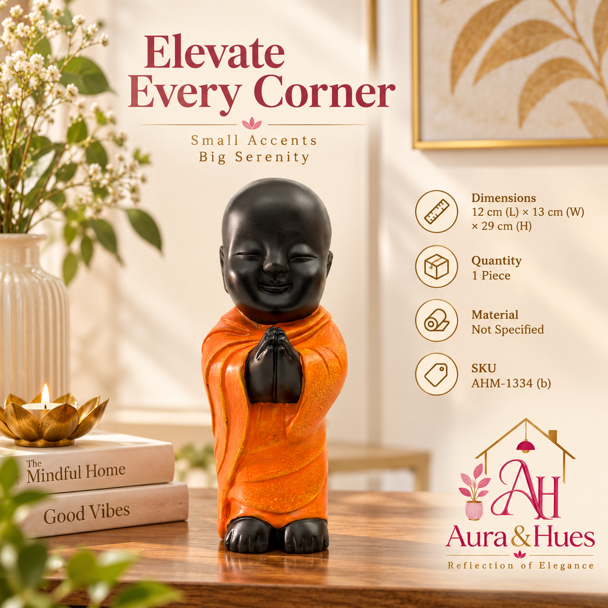 Peaceful Meditating Monk Figurine (Large) - Jet Black & Orange