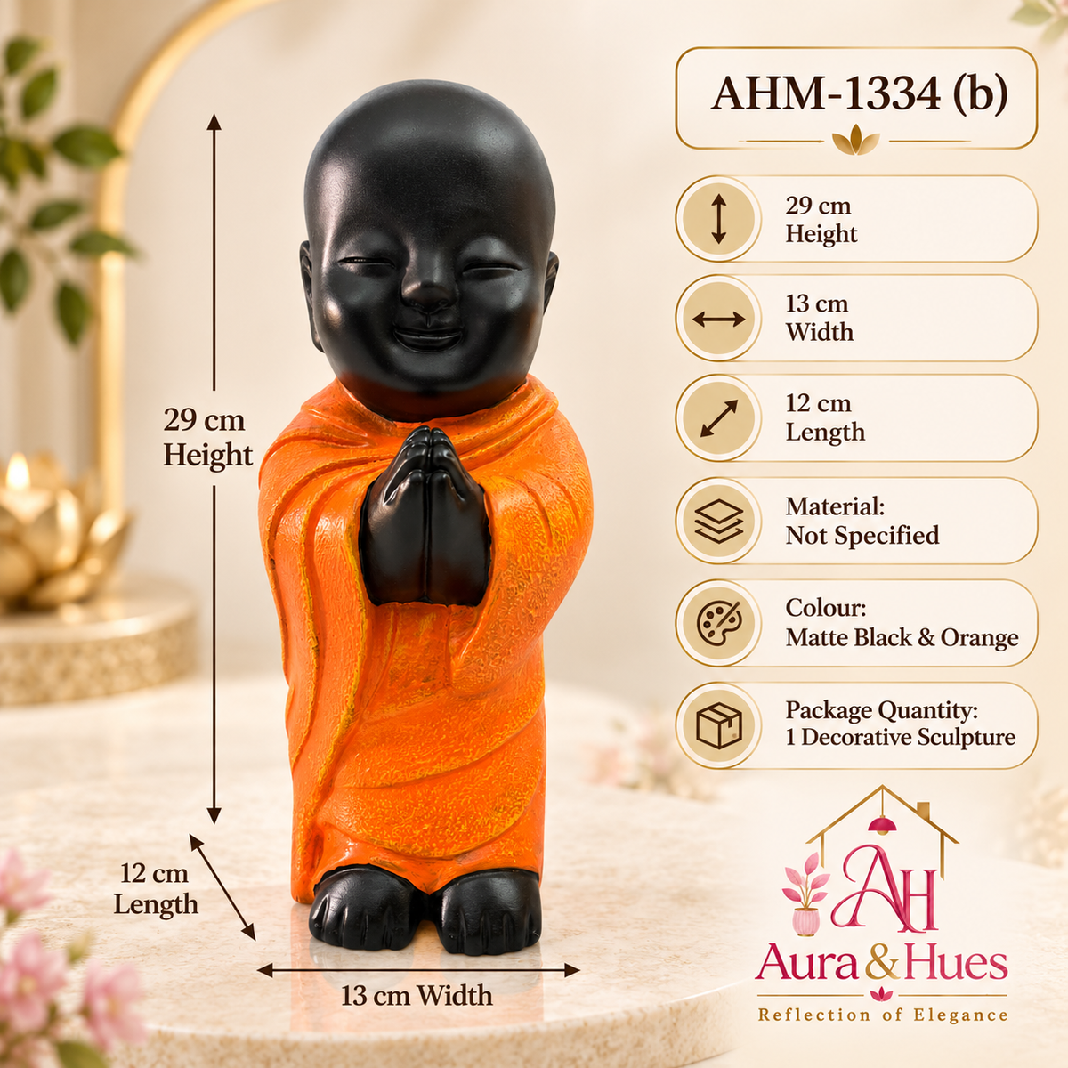 Peaceful Meditating Monk Figurine (Large) - Jet Black & Orange