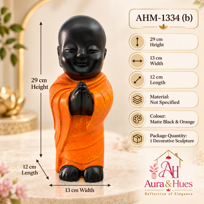 Peaceful Meditating Monk Figurine (Large) - Jet Black & Orange