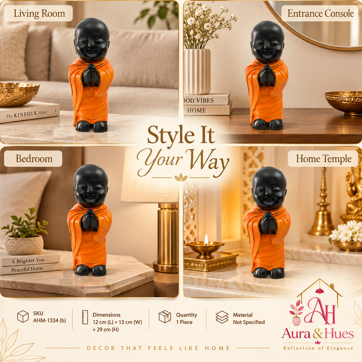 Peaceful Meditating Monk Figurine (Large) - Jet Black & Orange