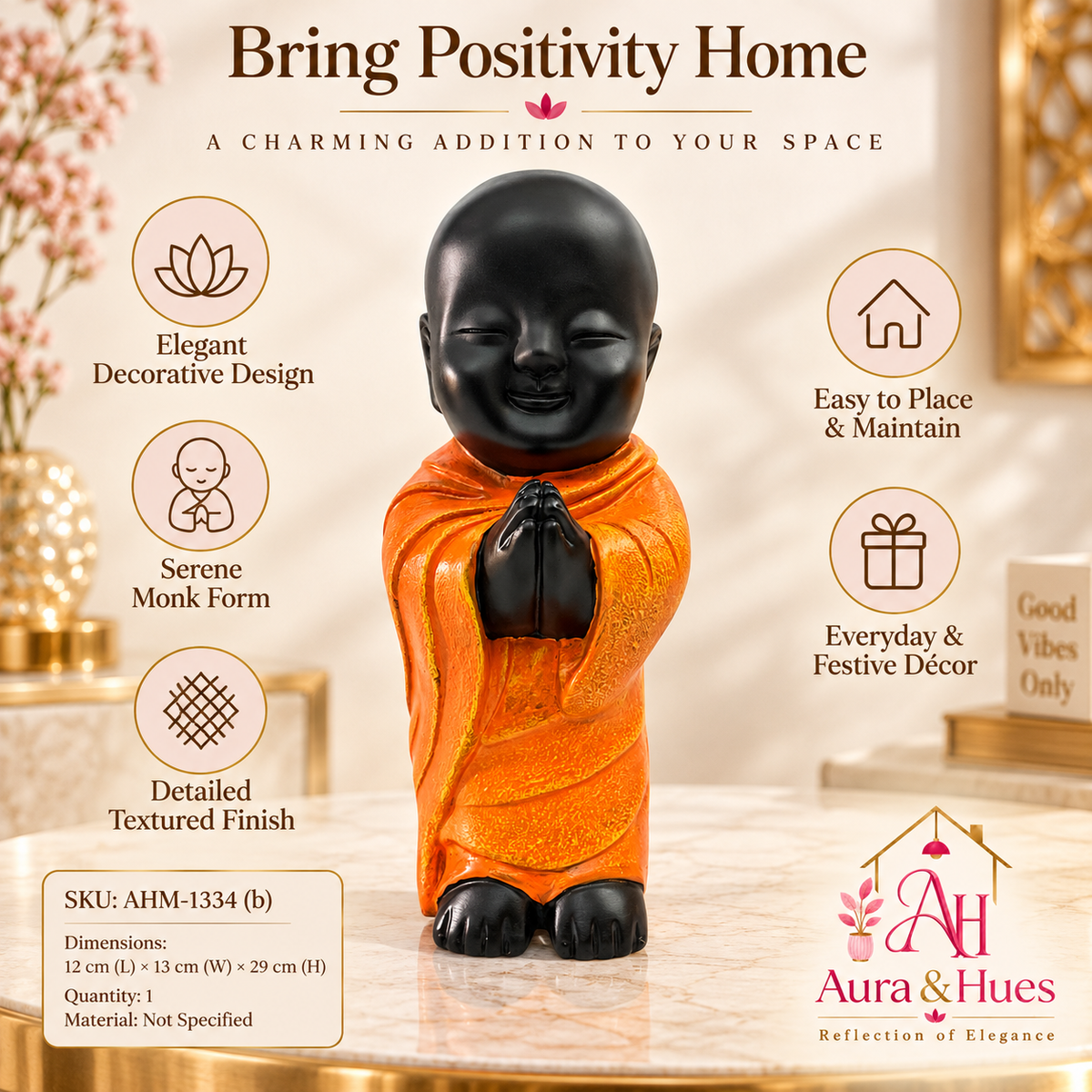 Peaceful Meditating Monk Figurine (Large) - Jet Black & Orange